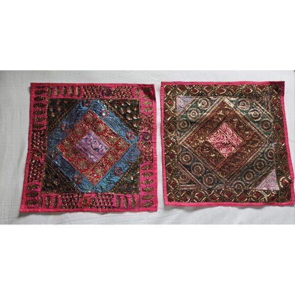 Handcrafted Other - Set Of 2 Handmade Embroidered Pillow Covers Made In India
